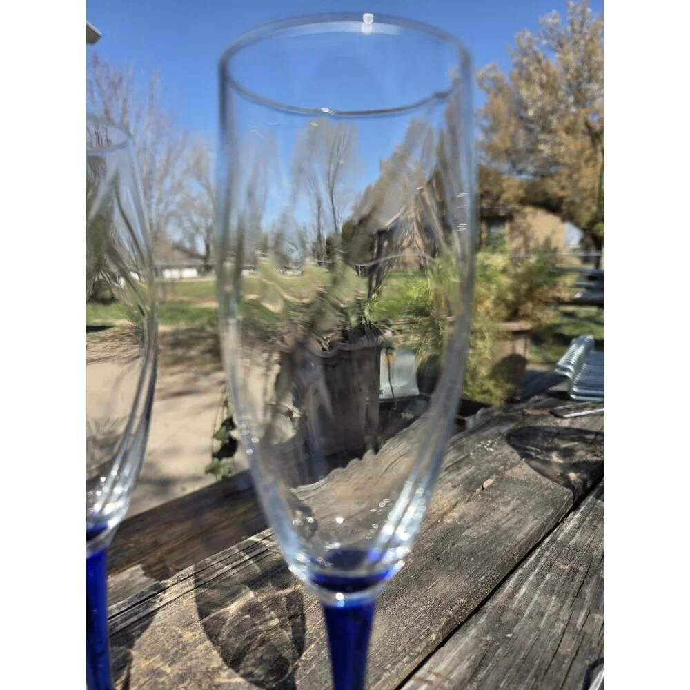 Vintage Cobalt Blue Stem Champagne Flute Wine‎ Glasses 8.25